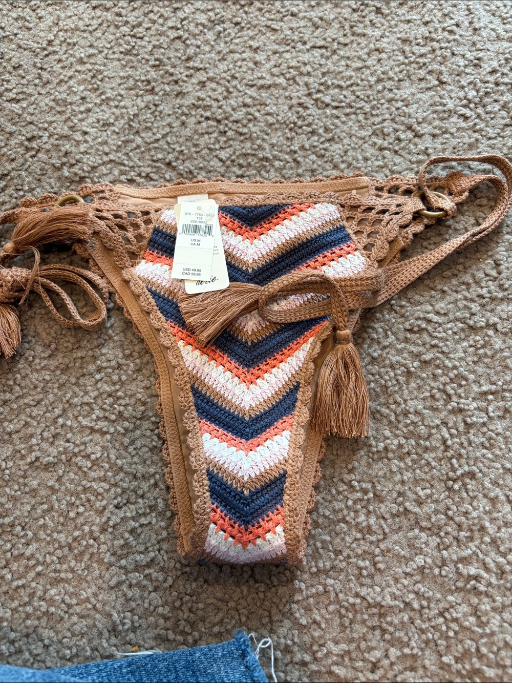 B69 Aerie NWT Crochet Tie-Side Swim Bottoms in Tan with Multicolor Chevron